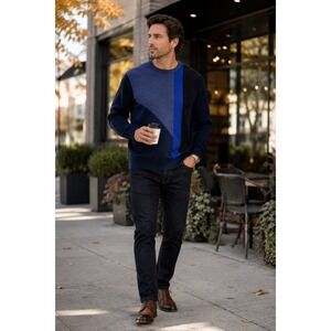 Calvin Klein Merino Wool Blend Colorblock Sweater Blue Black LG